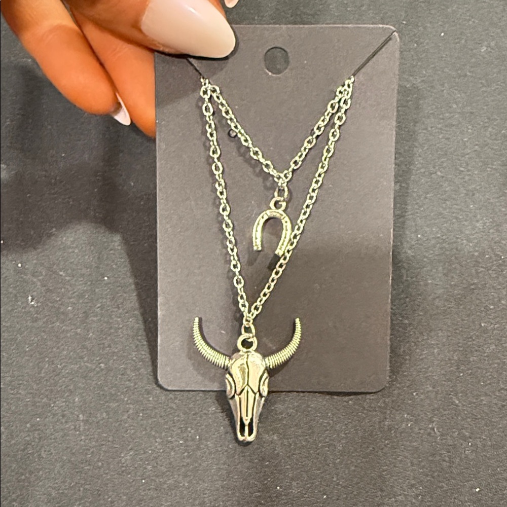 Silver Bull Skull Pendant Necklace